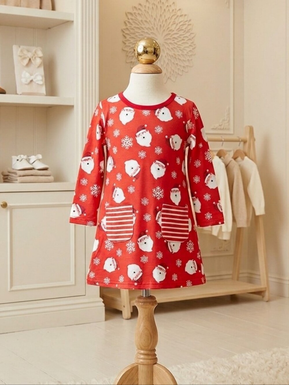 Santa Toddler Slip Dress W/Striped Pockets Size 2-3Y